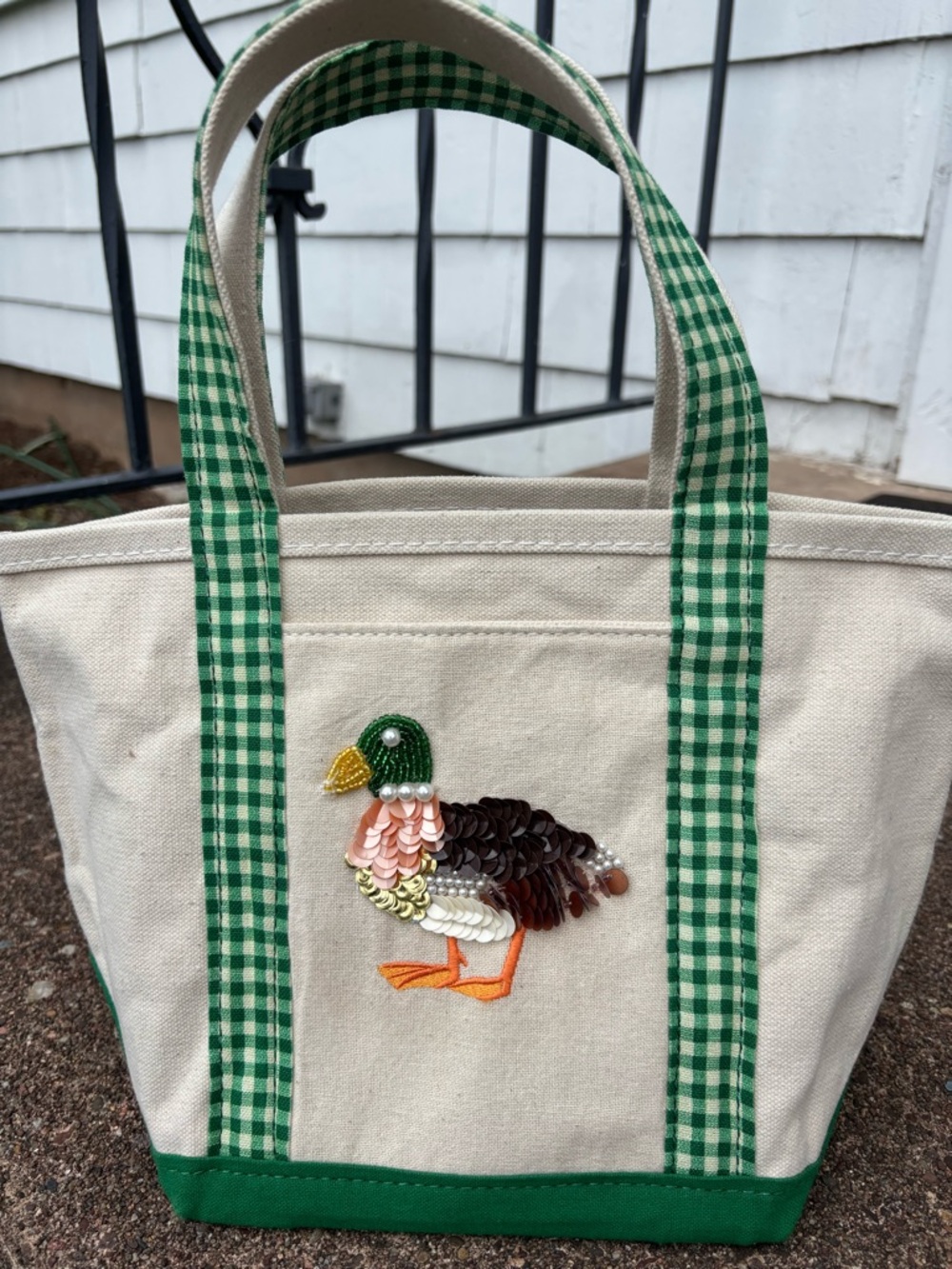 Anthropologie Cream Canvas Tote with Green Gingham Straps and Embroidered Duck - Picture 4 of 7